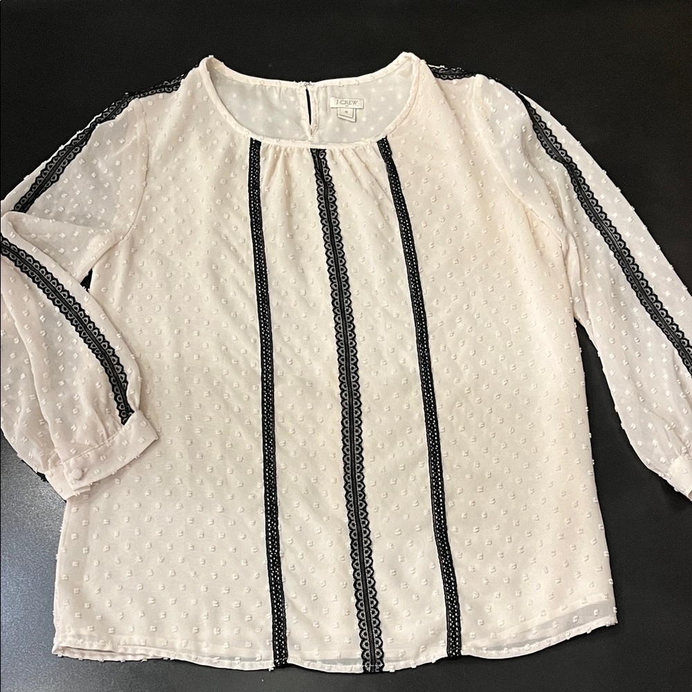J. Crew Ivory Blouse with Black lace Trim. Size 6